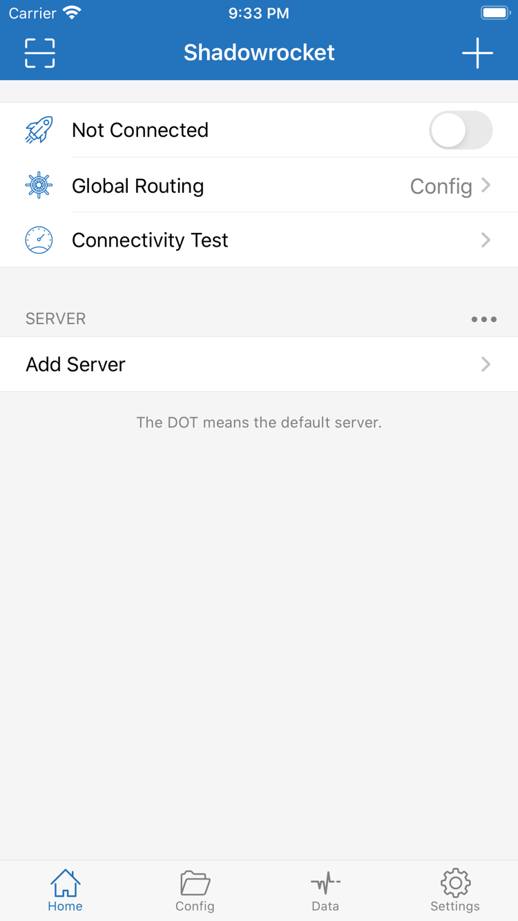 연결 스위치, Global Routing 및 Add Server를 표시하는 Shadowrocket 공식 Home 화면