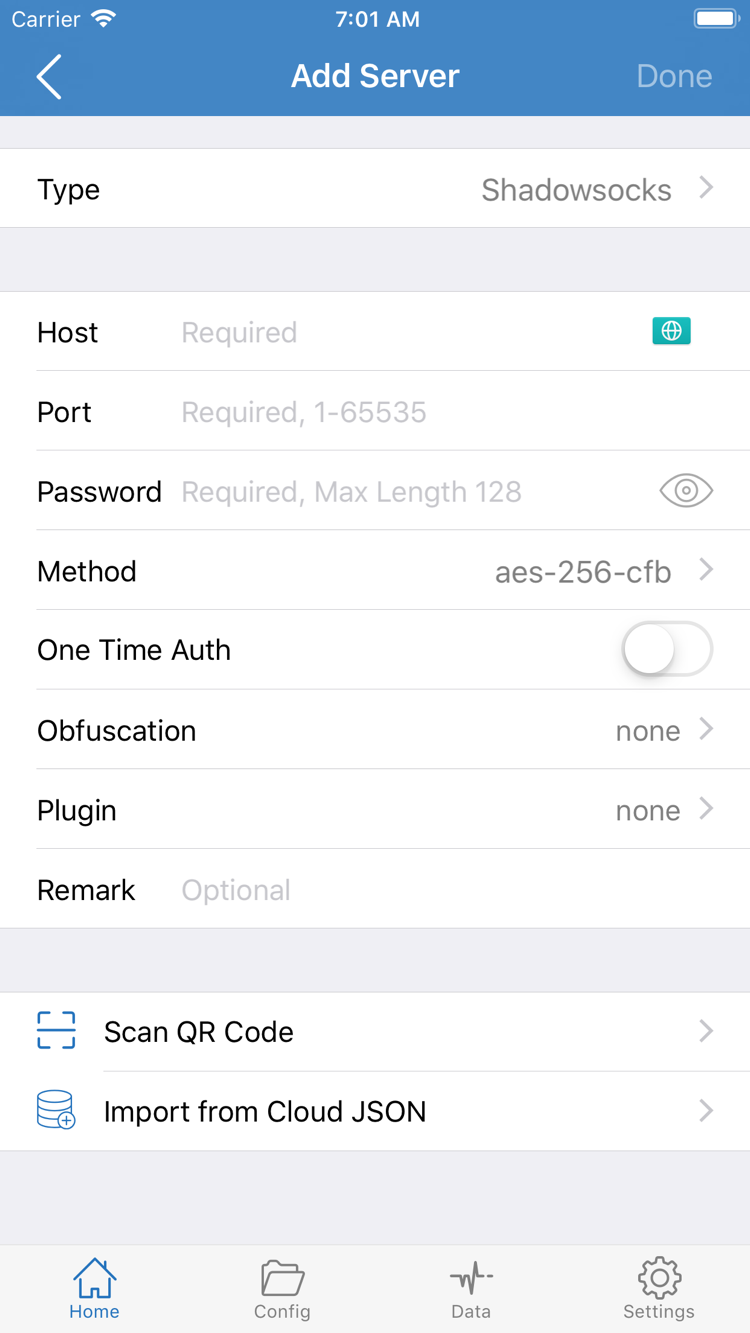 Shadowrocket Add Server screen showing Type, Host, Port, Password, and Method, with Scan QR Code and Import from Cloud JSON options